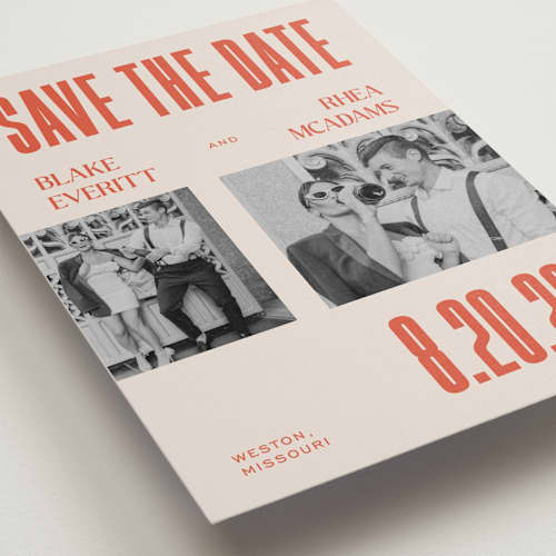 This is a sunset save the date with standard by Rachel Cassel called poster printing on recycled smooth signature in grand