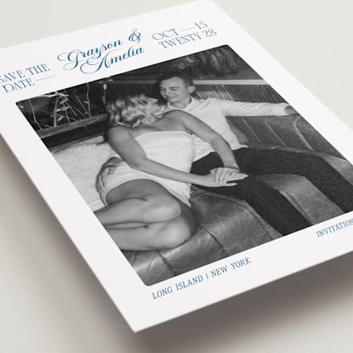 This is a lake save the date with standard by Robert and Stella called opening titles printing on recycled smooth signature in grand