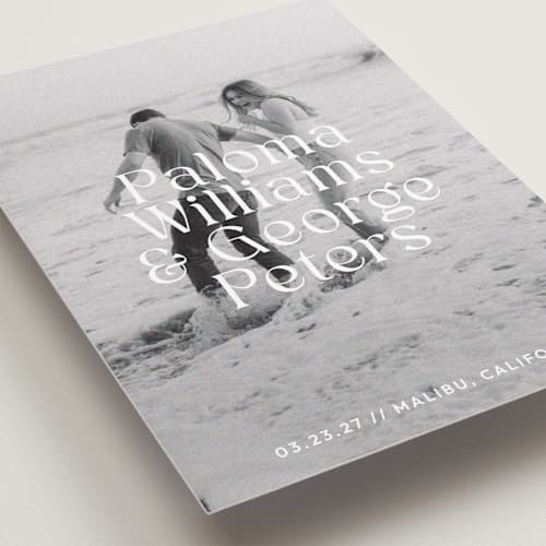 This is a powder save the date with standard by Megan Davis called faded printing on recycled smooth signature in grand