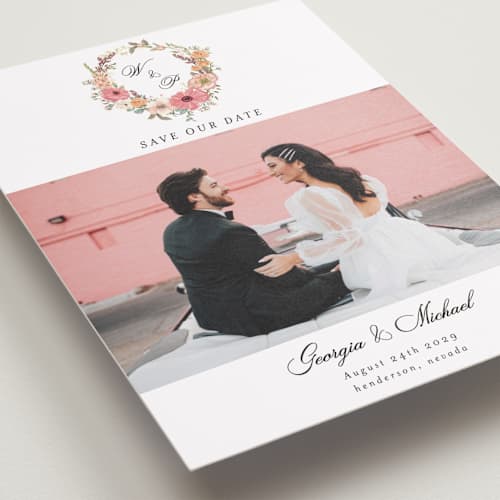 This is a sunset save the date with standard by Susan Moyal called cherished printing on recycled smooth signature in grand