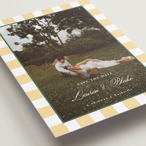 This is a citrine save the date with standard by Emily Betts called curved frame printing on recycled smooth signature in grand