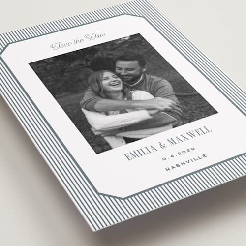 This is a capri save the date with standard by Emily Betts called modern stripes printing on recycled smooth signature in grand