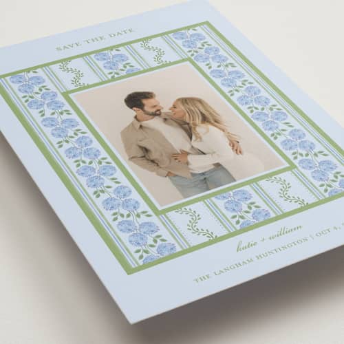 This is a coastal save the date with standard by Madhvi Samimi called hydrangea vines printing on recycled smooth signature in grand