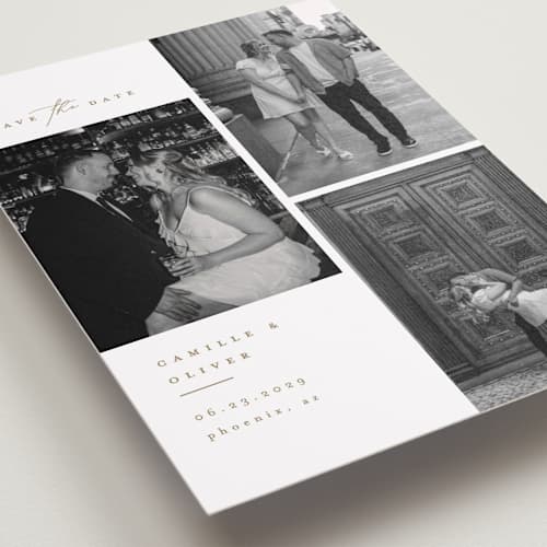 This is a cognac save the date with standard by Kristie Kern called our romance printing on recycled smooth signature in grand