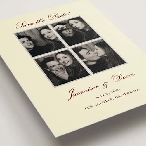 This is a wine rose save the date with standard by Kalea called classic four printing on recycled smooth signature in grand
