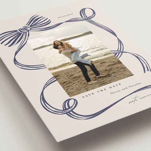 This is a blue spruce save the date with standard by Carrie ONeal called neddy printing on recycled smooth signature in grand