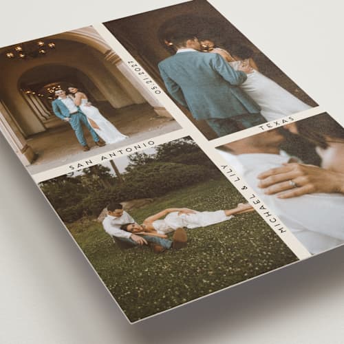 This is a ecru save the date with standard by Morgan Kendall called grid printing on recycled smooth signature in grand