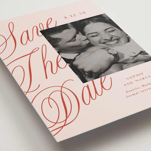 This is a cherry save the date with standard by Alethea and Ruth called script overlay printing on recycled smooth signature in grand