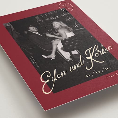This is a campari save the date with standard by Susan Zinader called cocktail hour printing on recycled smooth signature in grand
