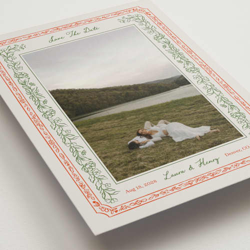 This is a vintage save the date with standard by Elly called romantic floral printing on recycled smooth signature in grand