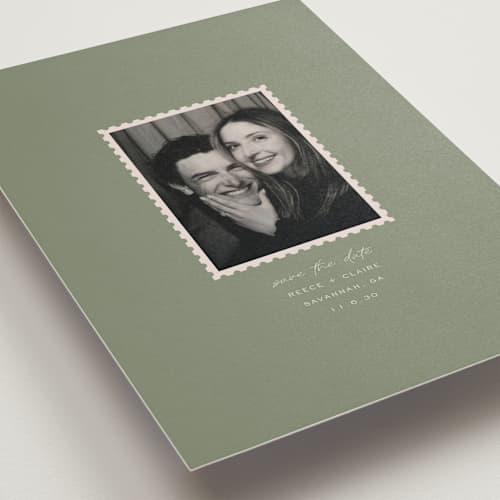 This is a sage save the date with standard by Sierra Lee called post printing on recycled smooth signature in grand