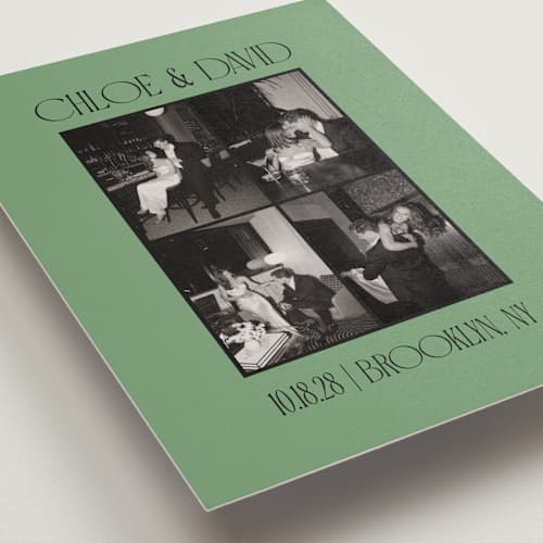 This is a jade save the date with standard by Morgan Kendall called quad printing on recycled smooth signature in grand