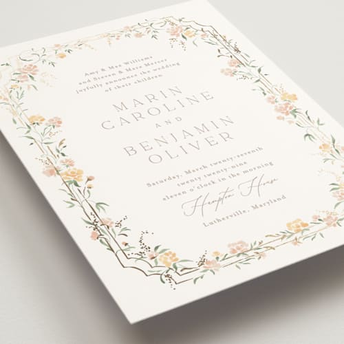 This is a golden summer wedding invitations with foil pressed by Erin L. Wilson called victorian trellis printing on signature in grand