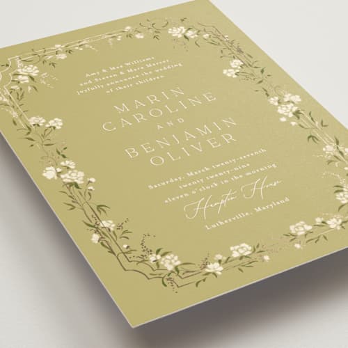 This is a chartreuse wedding invitations with foil pressed by Erin L. Wilson called victorian trellis printing on signature in grand