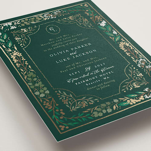 This is a evergreen wedding invitations with foil pressed by Alethea and Ruth called illuminated storybook printing on signature in grand