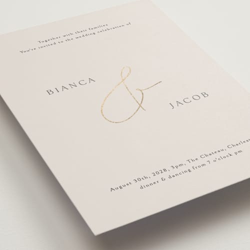 This is a ivory wedding invitations with foil pressed by Angela Thompson called eloquent printing on signature in grand