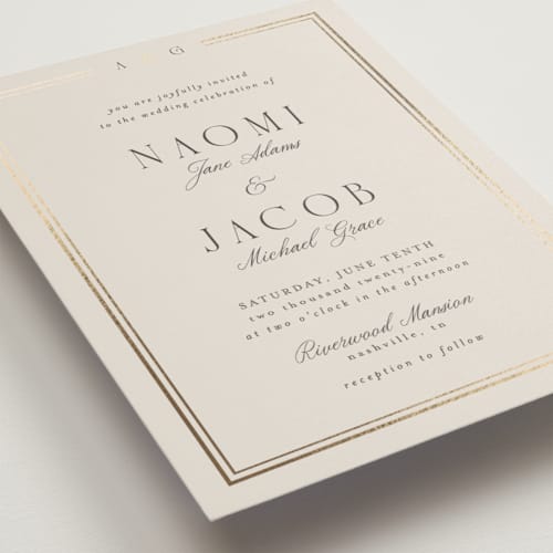 This is a champagne wedding invitations with foil pressed by Nicole Walsh called grace printing on signature in grand