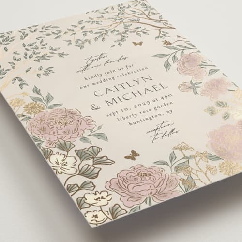 This is a blush meadow wedding invitations with foil pressed by Grae called dancing in the garden printing on signature in grand