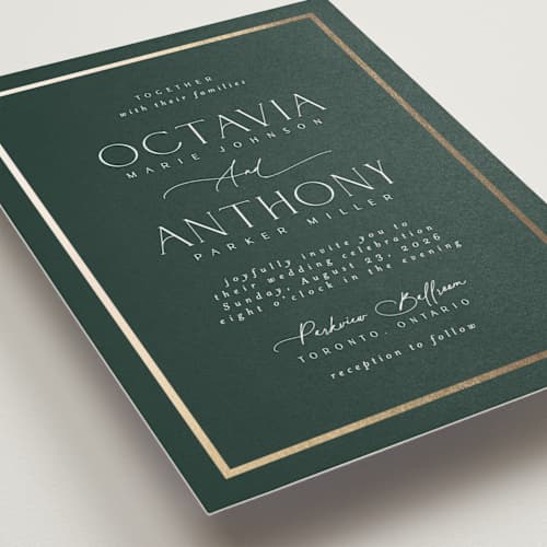 This is a evergreen wedding invitations with foil pressed by Nicole Walsh called regal printing on signature in grand