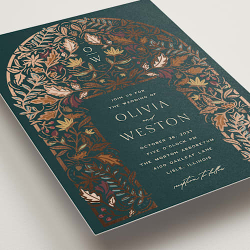 This is a deep sea wedding invitations with foil pressed by Erin German called autumnal arch printing on signature in grand