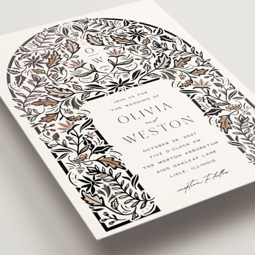 This is a charcoal wedding invitations with foil pressed by Erin German called autumnal arch printing on signature in grand