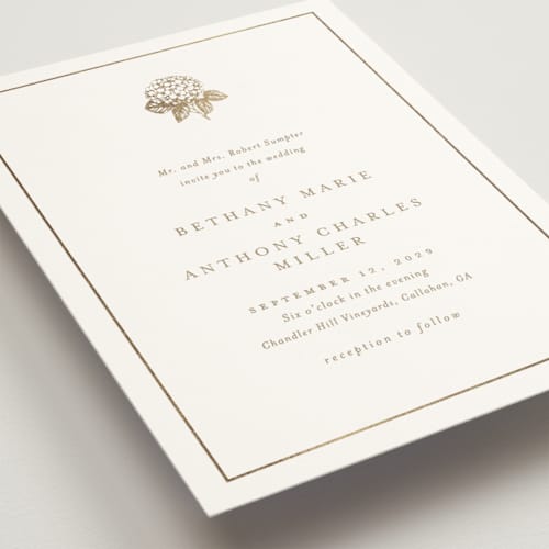 This is a cotton wedding invitations with foil pressed by Stacey Meacham called hydrangea bloom printing on signature in grand