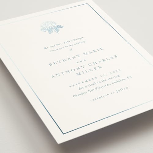 This is a seaside wedding invitations with foil pressed by Stacey Meacham called hydrangea bloom printing on signature in grand