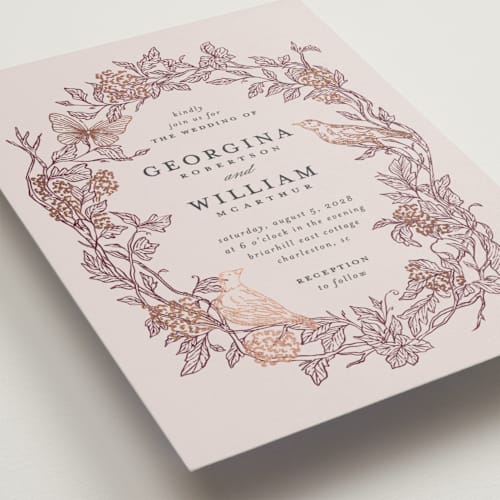This is a merlot wedding invitations with foil pressed by Grae called meet me in the garden printing on signature in grand