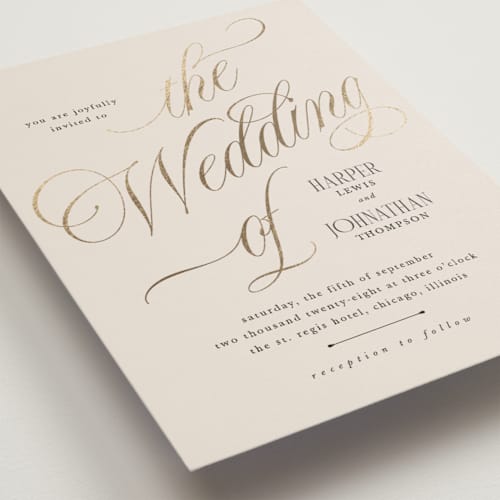 This is a linen wedding invitations with foil pressed by Kate Ahn called mirin printing on signature in grand