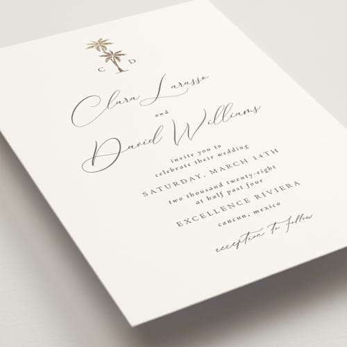 This is a leaf wedding invitations with foil pressed by Olivia Raufman called palm monogram printing on signature in grand