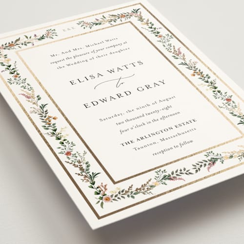 This is a blush wedding invitations with foil pressed by Susan Moyal called blooming vine printing on signature in grand