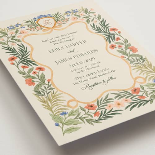 This is a garden wedding invitations with standard by Elly called garden heirloom printing on signature in grand