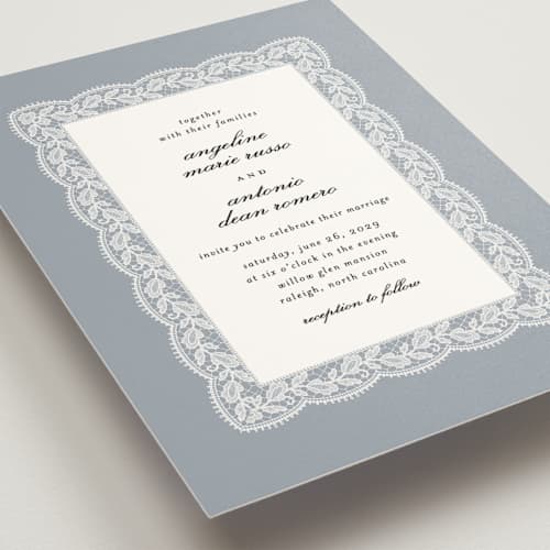 This is a dusty blue wedding invitations with standard by Erica Krystek called chantilly printing on signature in grand