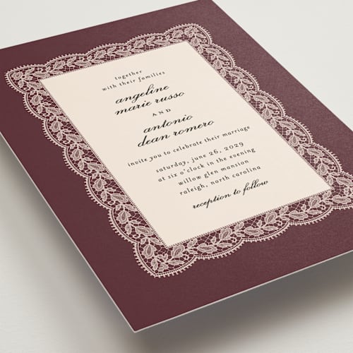 This is a burgundy wedding invitations with standard by Erica Krystek called chantilly printing on signature in grand