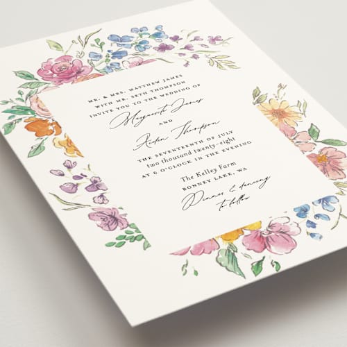 This is a tropical wedding invitations with standard by Itsy Belle Studio called floral pop printing on signature in grand