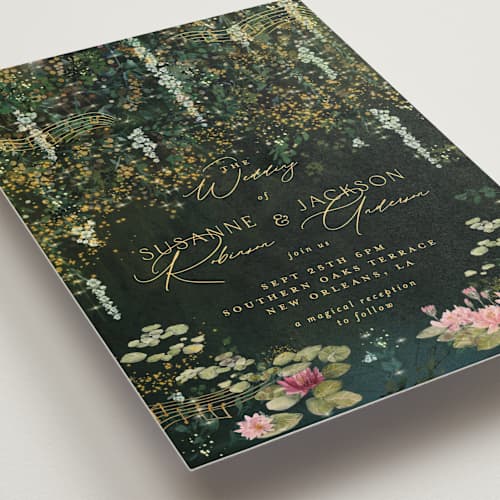This is a mystic wedding invitations with standard by Phrosné Barwood called new orleans from disney's princess and the frog printing on signature in grand