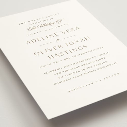 This is a golden wedding invitations with standard by Stacey Meacham called classic decorum printing on signature in grand