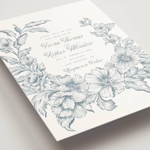 This is a lake wedding invitations with standard by Leah Bisch called wreath in bloom printing on signature in grand