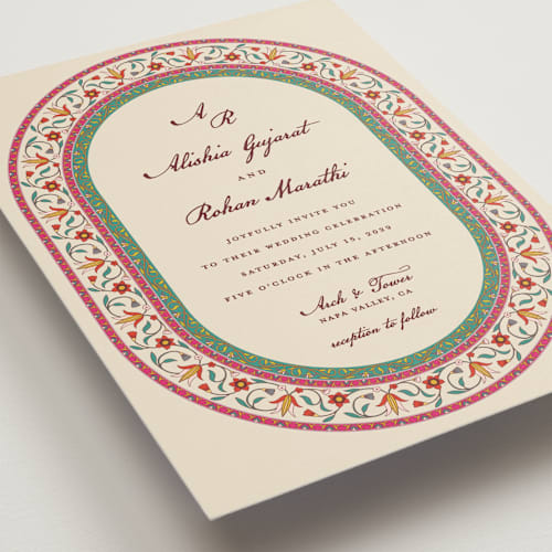 This is a ivory wedding invitations with standard by Sherley Ferreira called mughal gardens printing on signature in grand