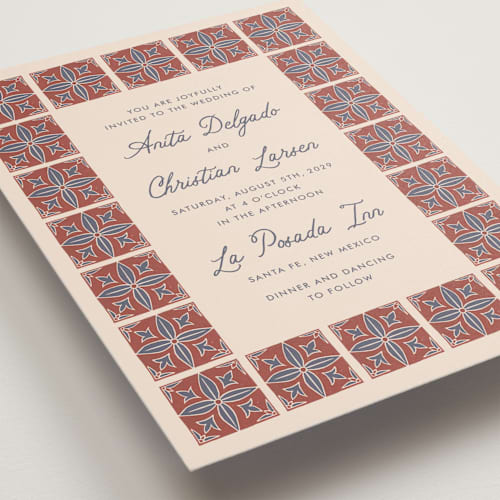 This is a terracotta wedding invitations with standard by Katharine Watson called block print tile printing on signature in grand