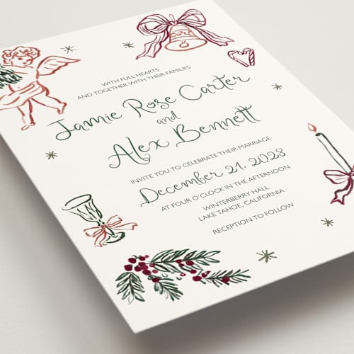 This is a enchanted holiday wedding invitations with standard by Cass Loh called holidays ink doodles printing on signature in grand