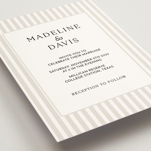 This is a latte wedding invitations with standard by First Rodeo Design called classic stripe printing on signature in grand