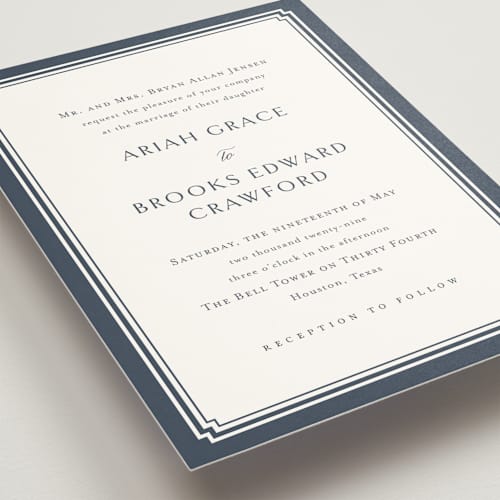 This is a french blue wedding invitations with standard by Jennifer Postorino called ariah printing on signature in grand