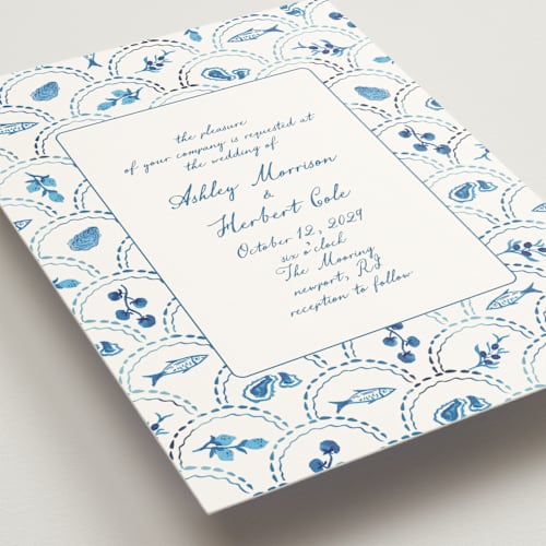 This is a cerulean wedding invitations with standard by Tamara Hilje called positano printing on signature in grand