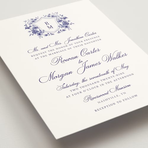 This is a plum wedding invitations with standard by Cass Loh called blooming crest printing on signature in grand