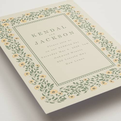 This is a mustard wedding invitations with standard by Baumbirdy called framed floral printing on signature in grand