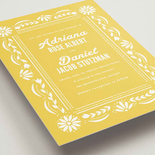 This is a sunshine wedding invitations with standard by Jessie Steury called pretty picado printing on signature in grand