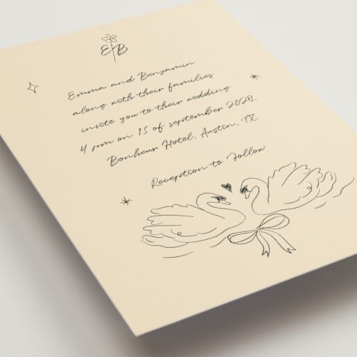 This is a vanilla wedding invitations with standard by Helena Vitto called the swan printing on signature in grand