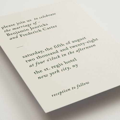 This is a forest wedding invitations with standard by Bethan called editorial printing on signature in grand