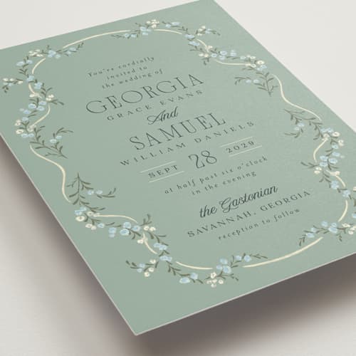 This is a buttermint wedding invitations with standard by Laura Hankins called trailing garden printing on signature in grand